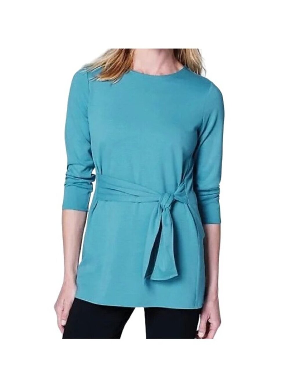 J Jill Top Small Ponte Tie Waist 3/4 Sleeve Teal Blue Viscose Blend Chic Minimal